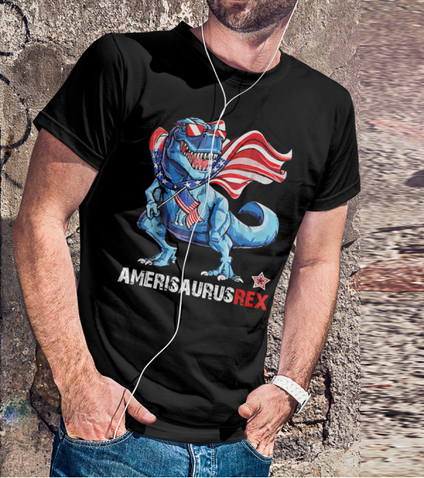 Amerisaurus Rex Patriotic Dinosaur With USA Flag And Stars T-Shirt