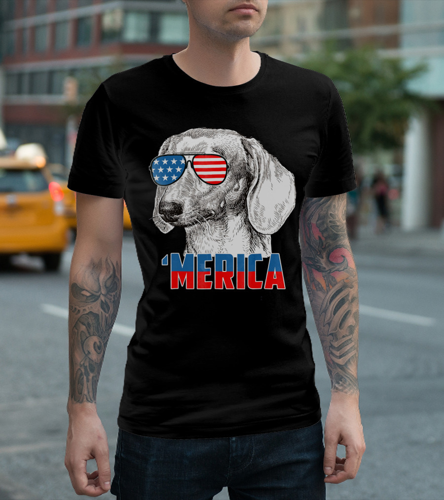 4th of July Merica Patriotic Dachshund with American Flag Sunglasses T-Shirt