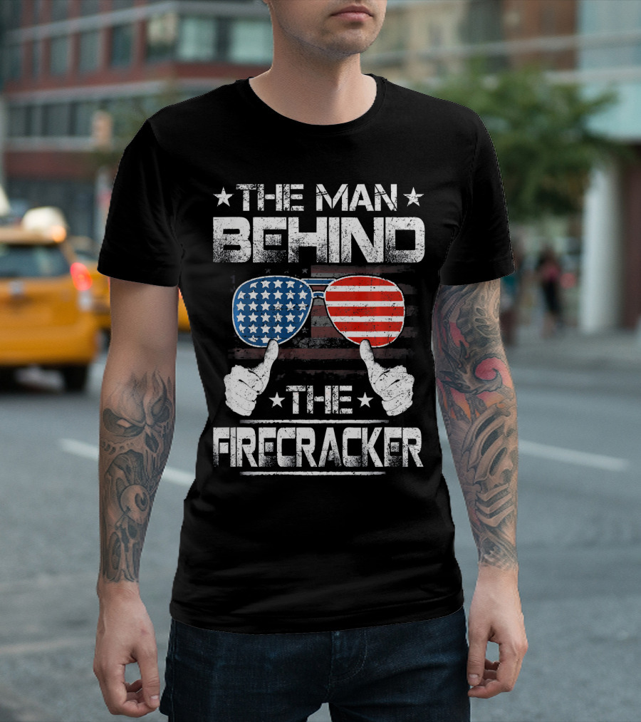 The Man Behind The Firecracker Patriotic American Flag Sunglasses and Thumbs Up T-Shirt