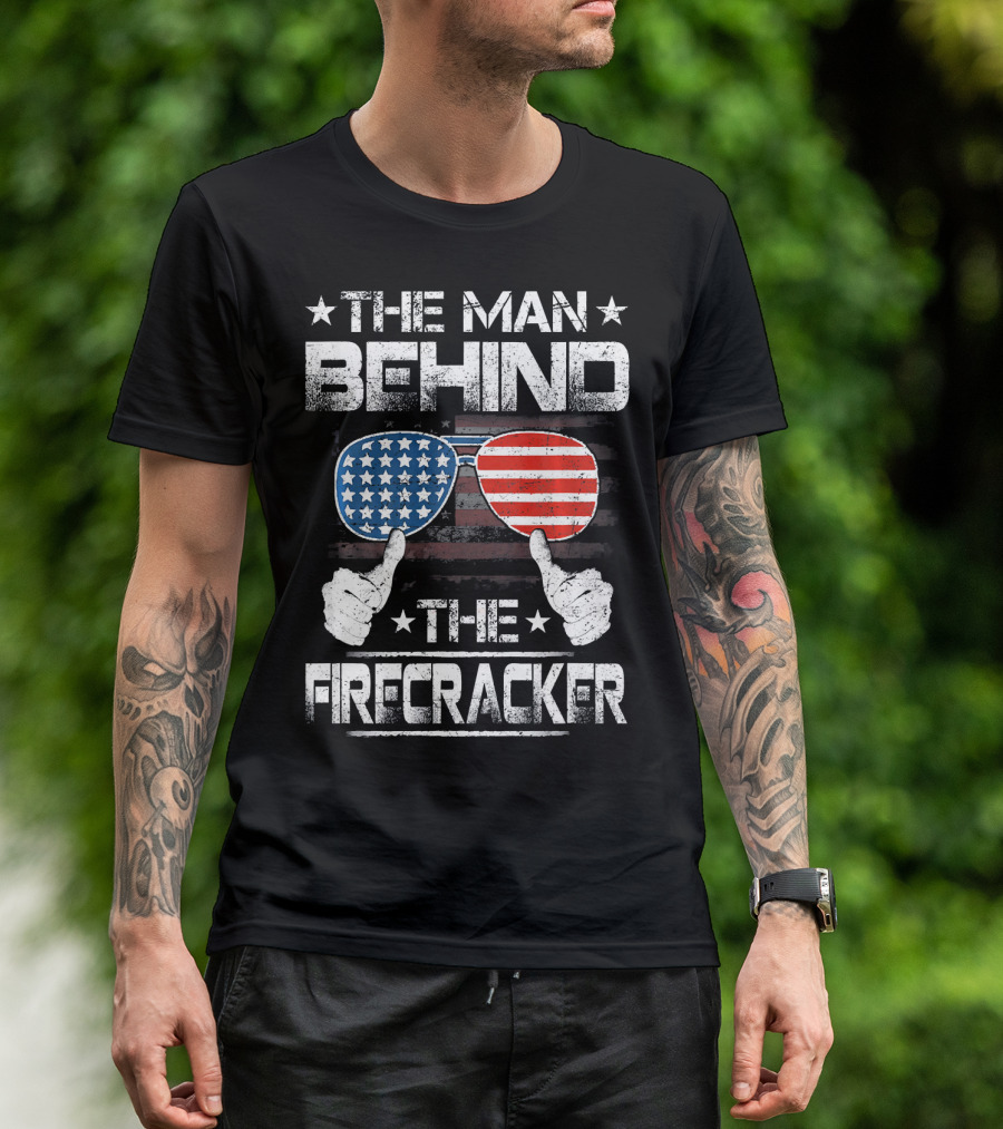 The Man Behind The Firecracker Patriotic American Flag Sunglasses And Thumbs Up T-Shirt