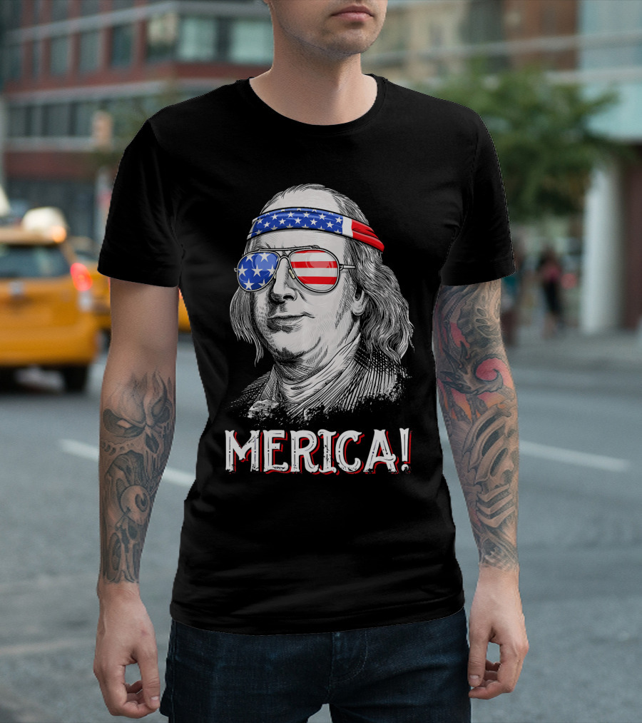 Benjamin Franklin Merica Patriotic USA Bandana Sunglasses T-Shirt