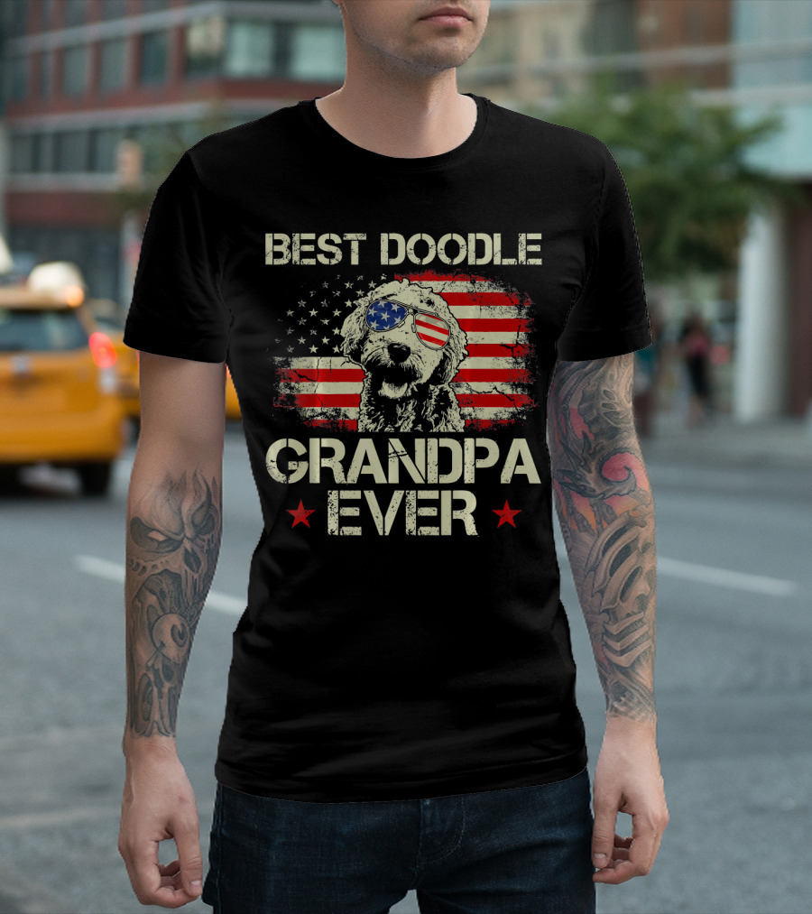 Best Doodle Grandpa Ever USA Flag Sunglasses Dog T-Shirt