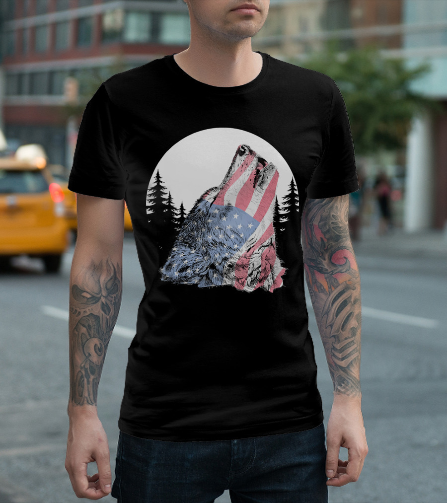 American Wolf Howling with US Flag Pattern for 4th of July T-Shirt