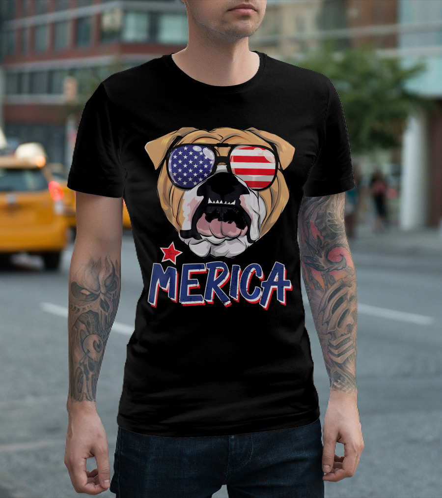 English Bulldog Sunglass Merica American Flag T-Shirt