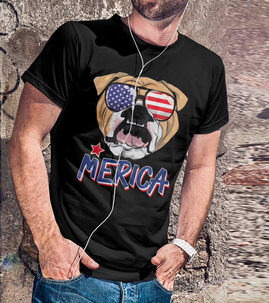 English Bulldog Sunglass Merica American Flag T-Shirt