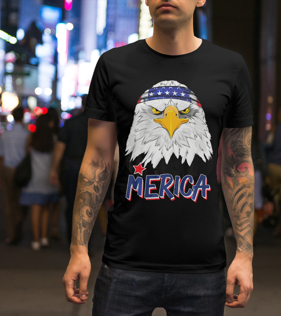Merica Patriotic American Bald Eagle With Star-Spangled Headband T-Shirt