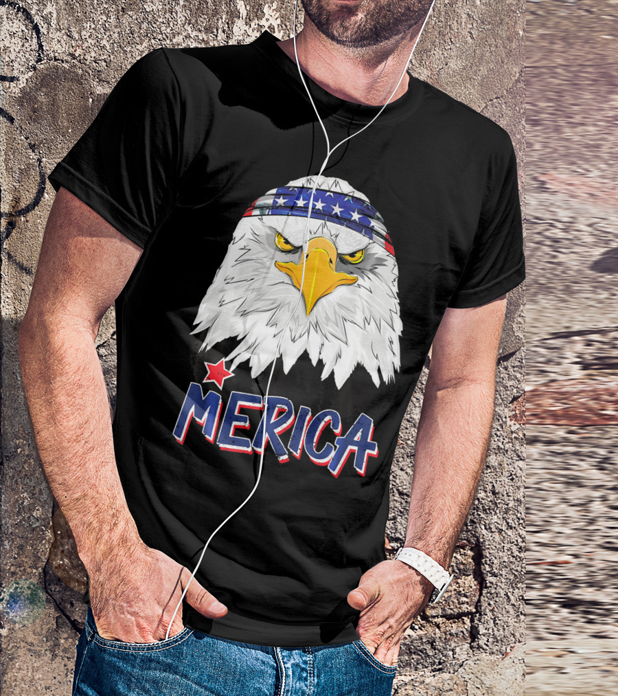 Merica Patriotic American Bald Eagle With Star-Spangled Headband T-Shirt