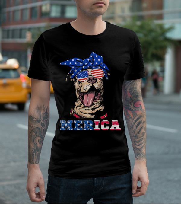 Merica American Flag Pitbull Wearing Bandana And Sunglasses T-Shirt