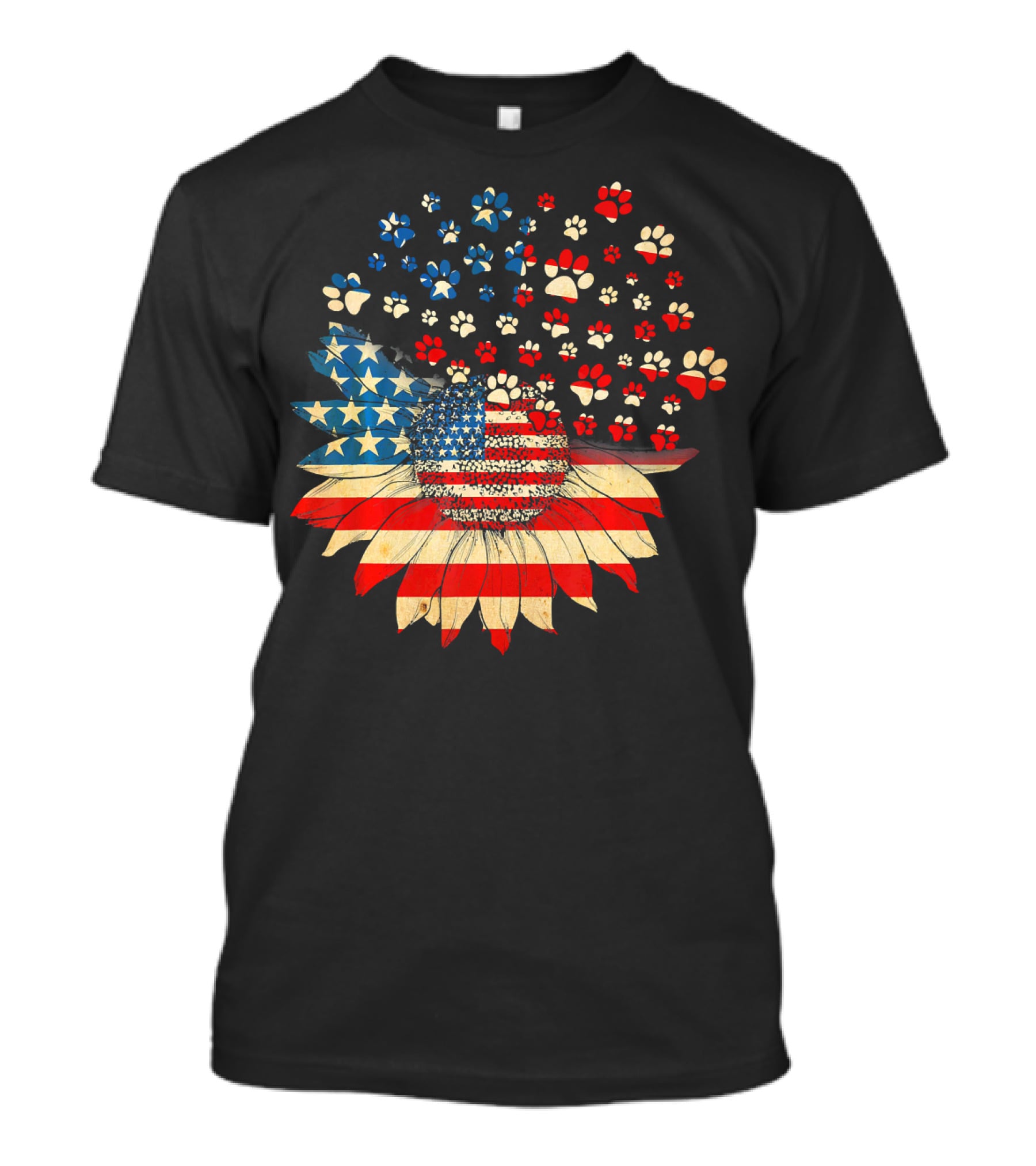 American Flag Sunflower With Dog Paw T-Shirt