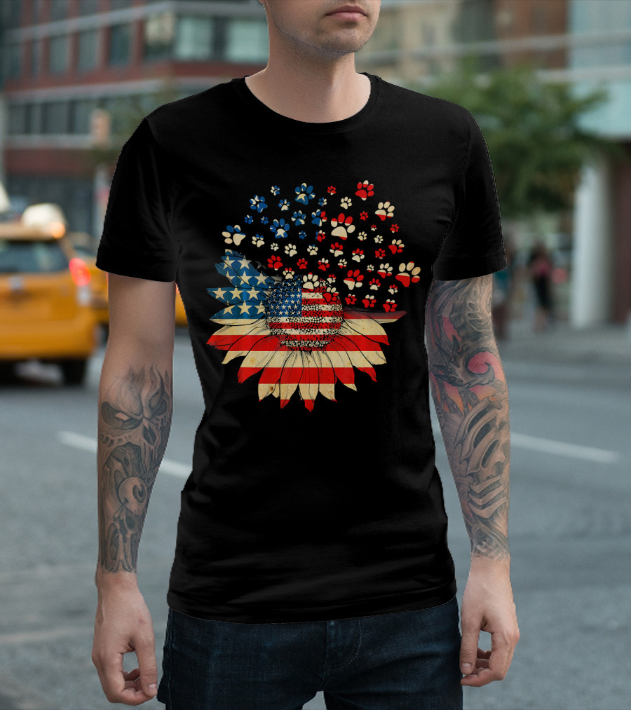 American Flag Sunflower with Dog Paw T-Shirt