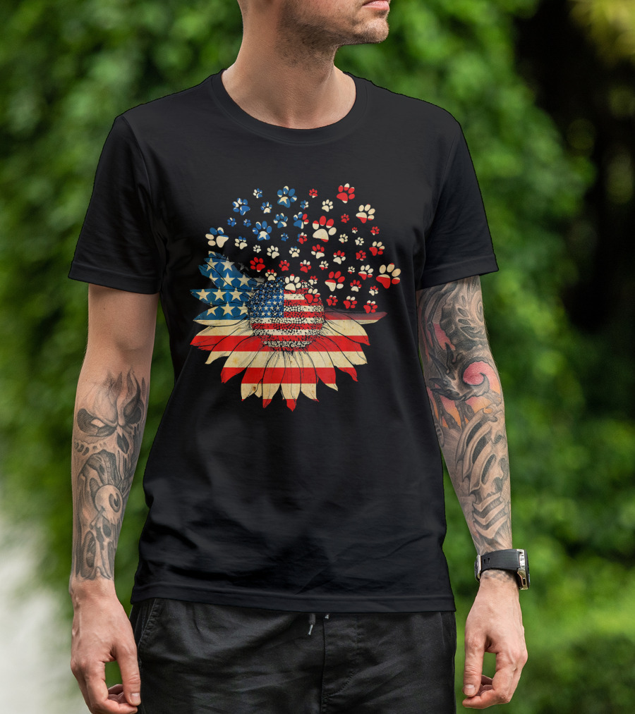 American Flag Sunflower With Dog Paw T-Shirt