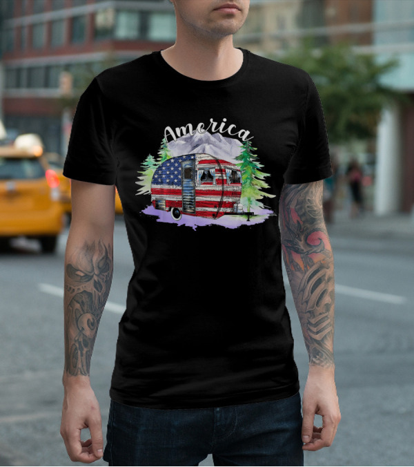 America Camping Van With USA Flag And Mountains For Fourth Of July T-Shirt