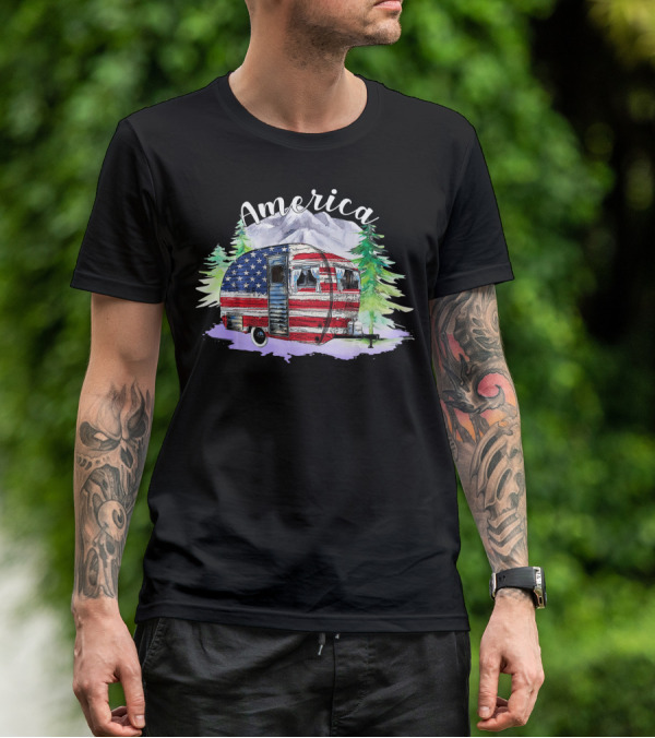 America Camping Van With USA Flag And Mountains For Fourth Of July T-Shirt