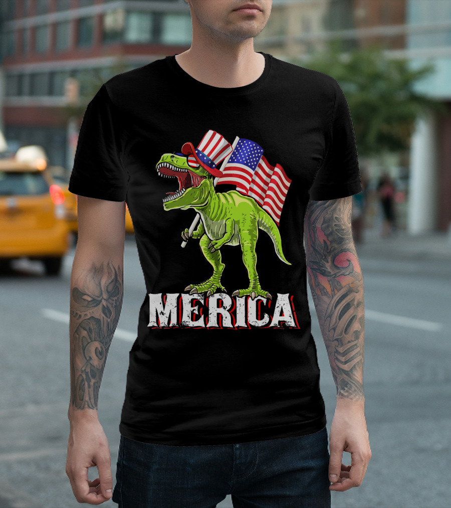 'Merica Patriotic Rex Dinosaur With American Flags And Hat T-Shirt