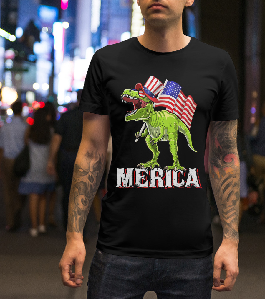 'Merica Patriotic Rex Dinosaur With American Flags And Hat T-Shirt