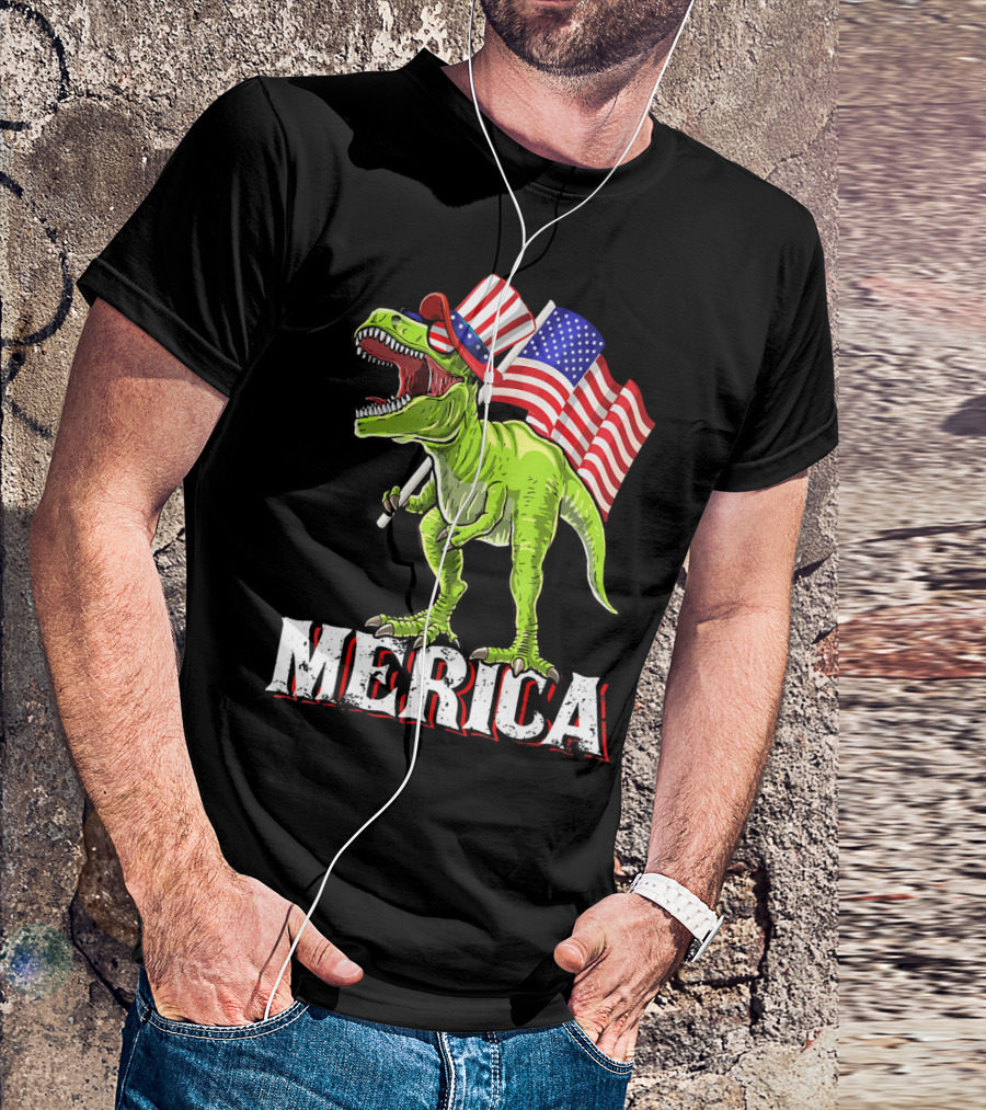 'Merica Patriotic Rex Dinosaur With American Flags And Hat T-Shirt