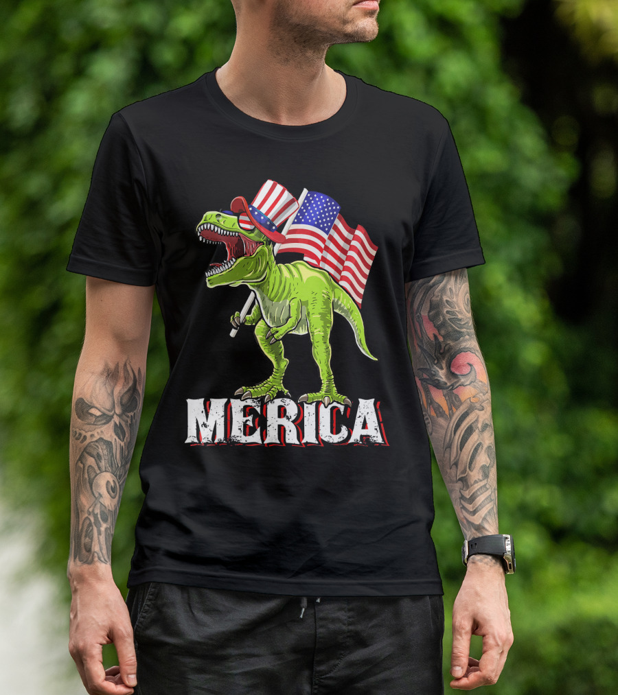 'Merica Patriotic Rex Dinosaur With American Flags And Hat T-Shirt
