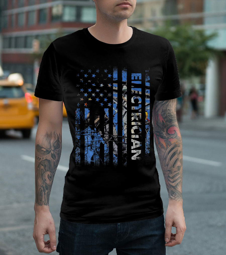 American Flag Patriotic Electrician Silhouette T-Shirt