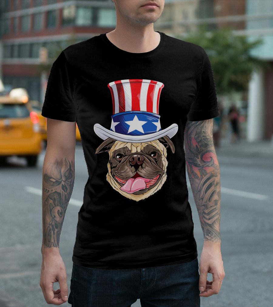 Pug in Uncle Sam Hat American Flag Colors 4th of July T-Shirt