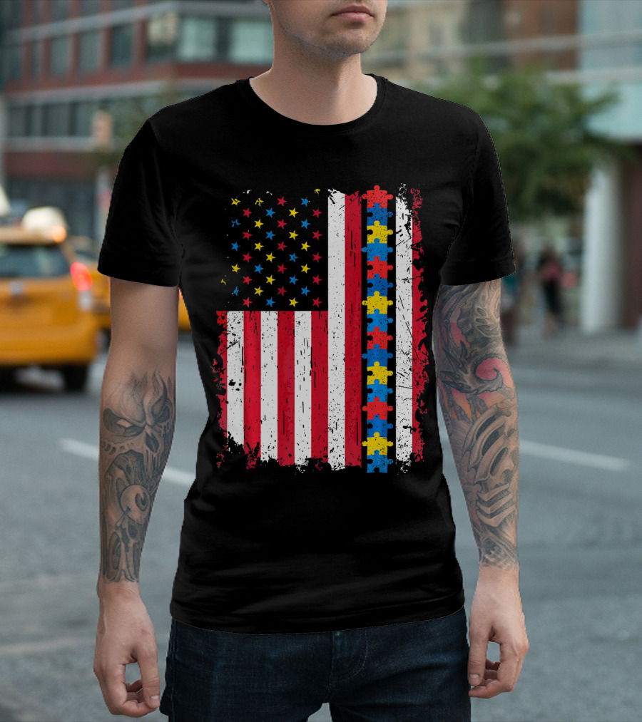 Autism 4th Of July Patriotic Puzzle American Flag T-Shirt