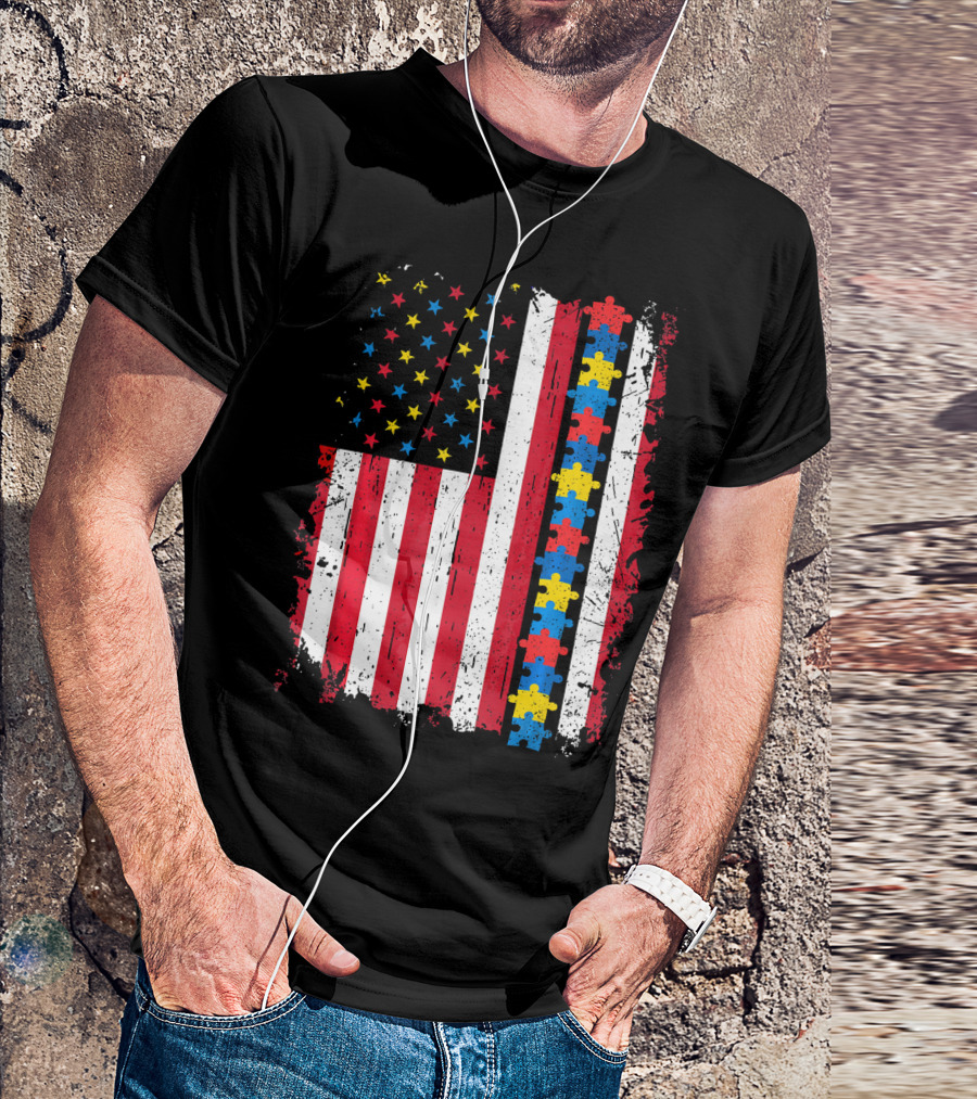 Autism 4th Of July Patriotic Puzzle American Flag T-Shirt
