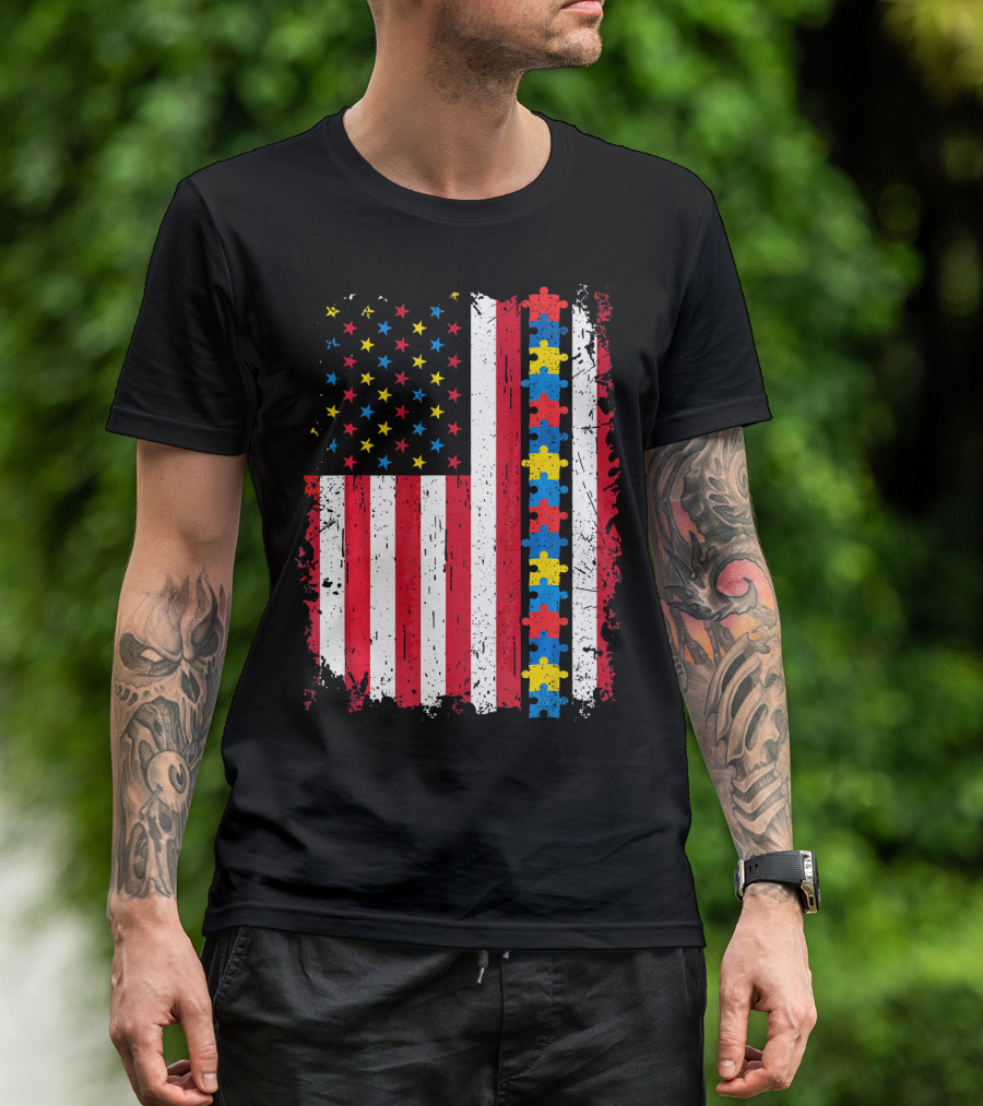 Autism 4th Of July Patriotic Puzzle American Flag T-Shirt