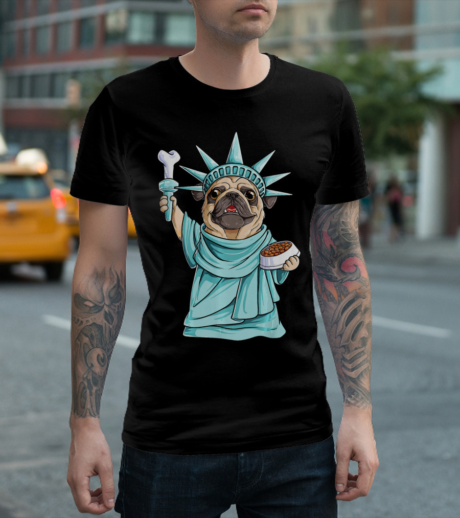 Pug Holding Bone And Food As Statue Of Liberty Funny 4th Of July T-Shirt