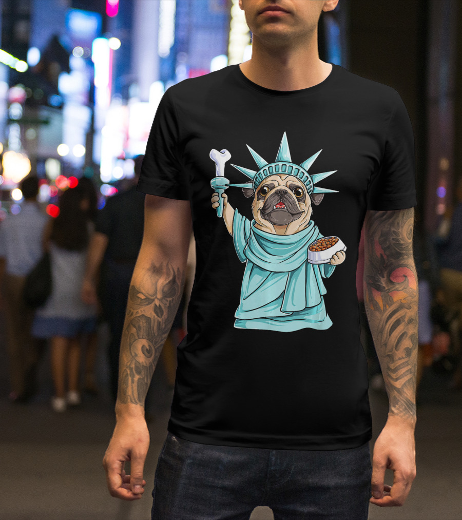 Pug Holding Bone And Food As Statue Of Liberty Funny 4th Of July T-Shirt