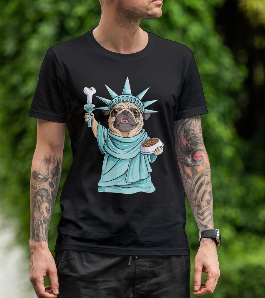 Pug Holding Bone And Food As Statue Of Liberty Funny 4th Of July T-Shirt