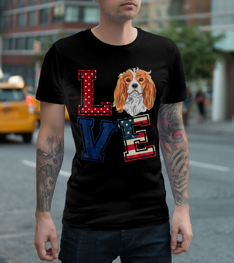 LOVE Cavalier King Charles Spaniel American Flag Face T-Shirt