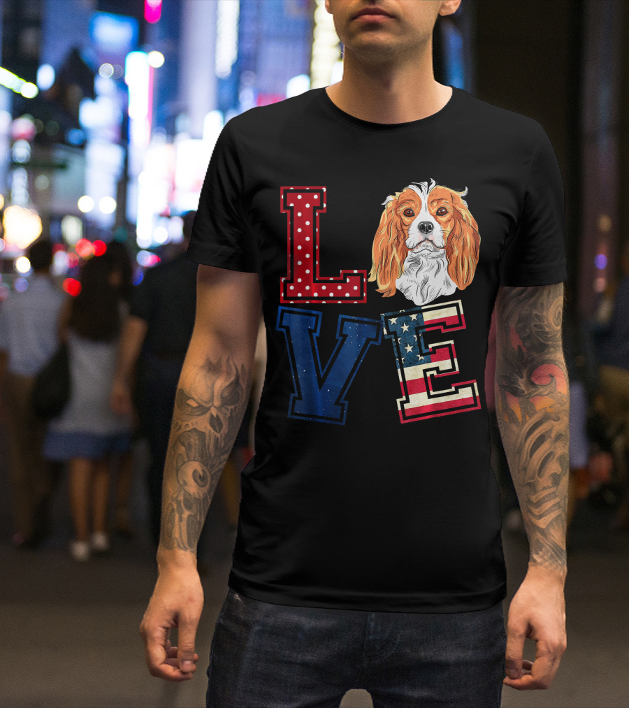 LOVE Cavalier King Charles Spaniel American Flag Face T-Shirt