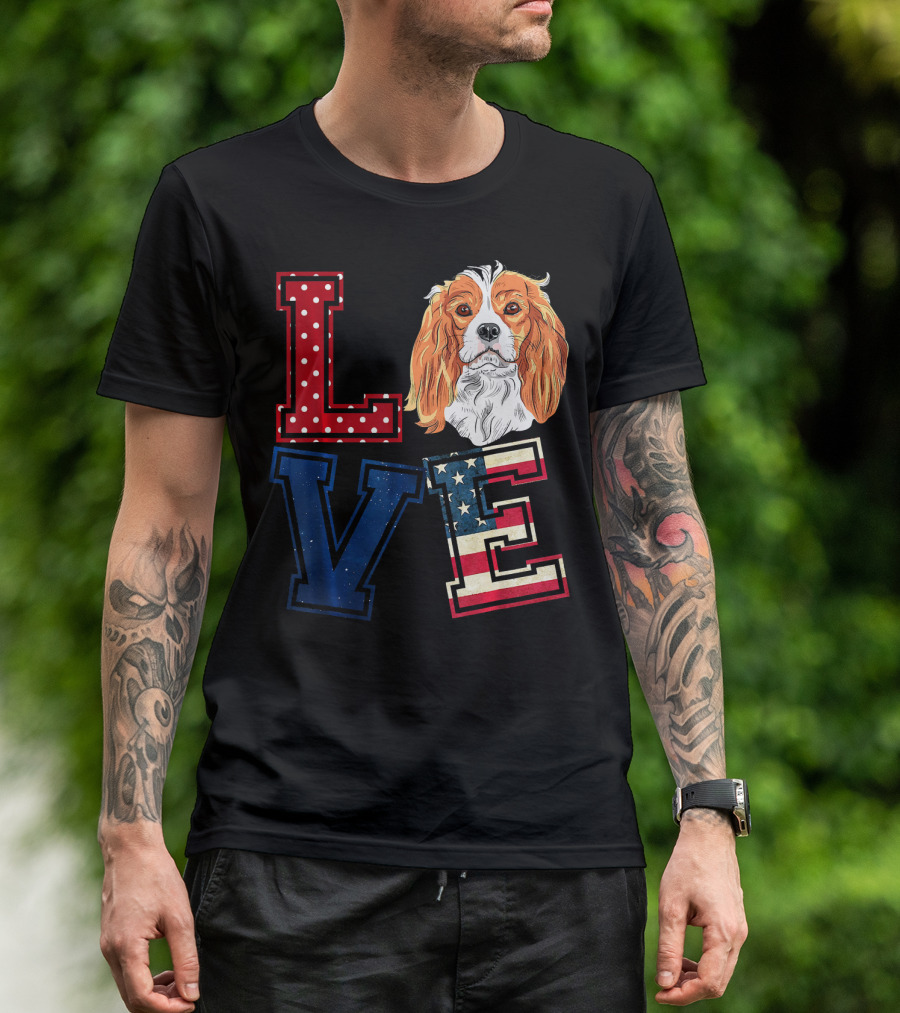 LOVE Cavalier King Charles Spaniel American Flag Face T-Shirt