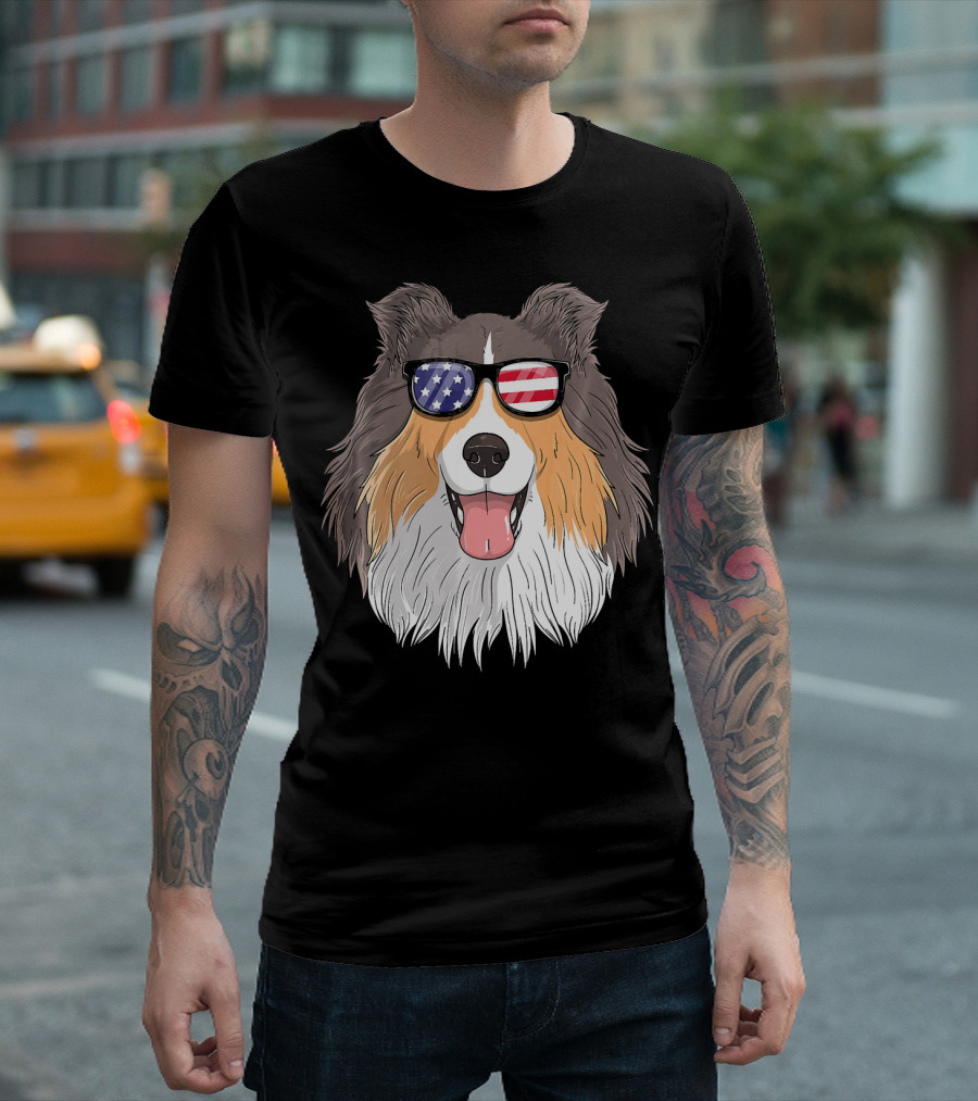 Shetland Sheepdog Patriotic Sheltie With American Flag Sunglasses T-Shirt