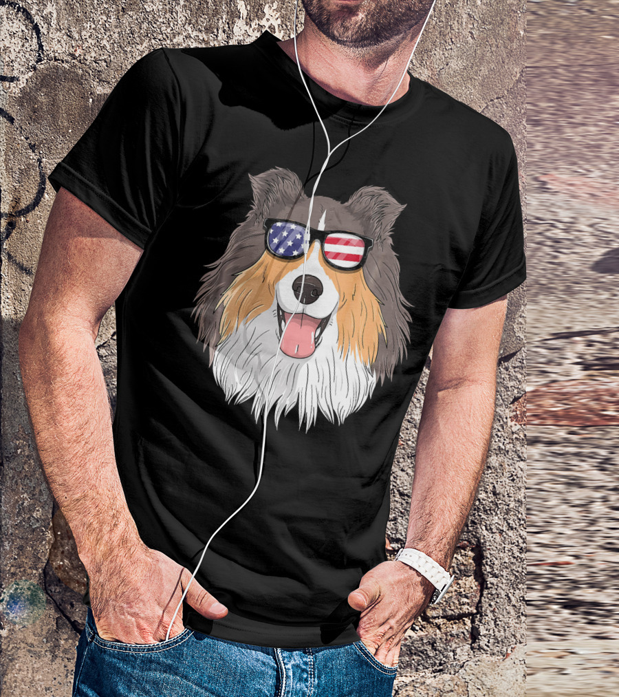 Shetland Sheepdog Patriotic Sheltie With American Flag Sunglasses T-Shirt