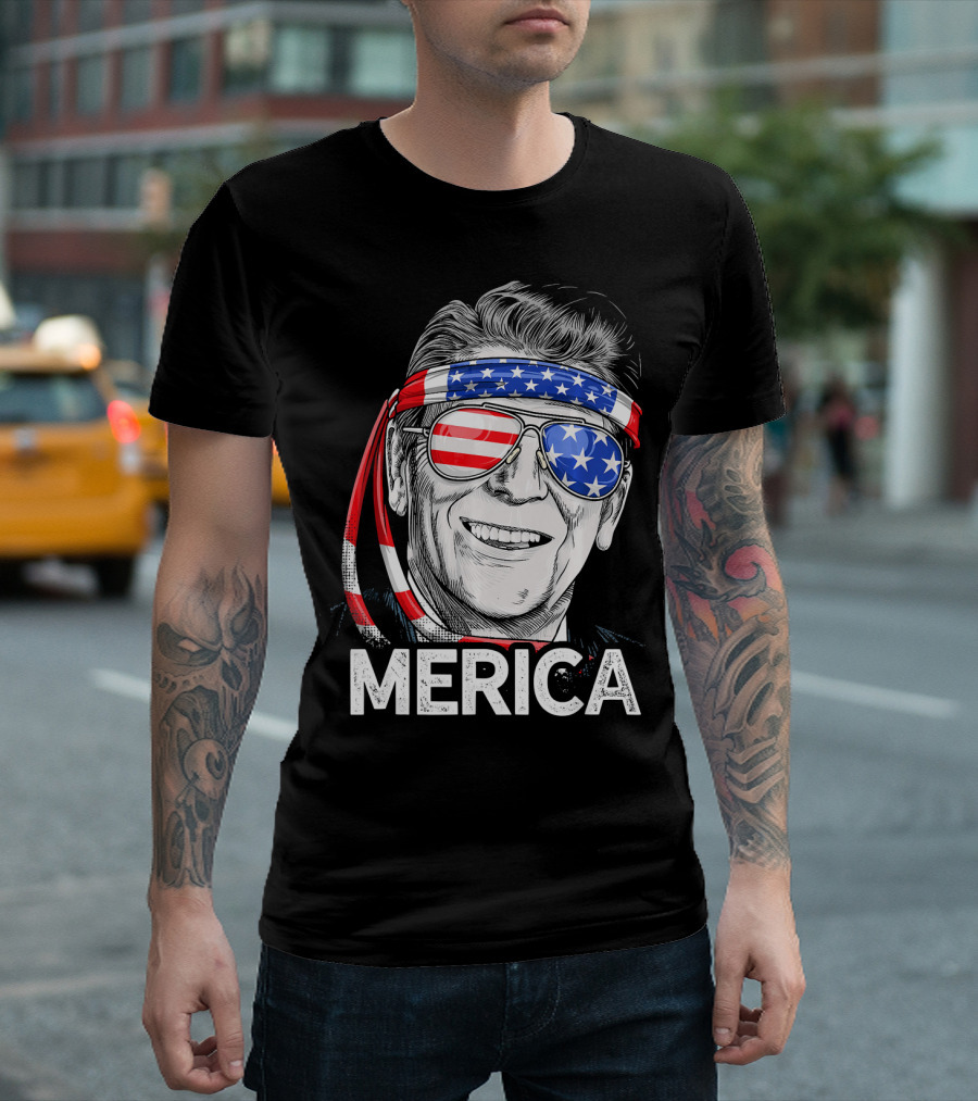 Merica 4th of July US Patriotic Reagan Ronald American Flag Glasses Headband T-Shirt