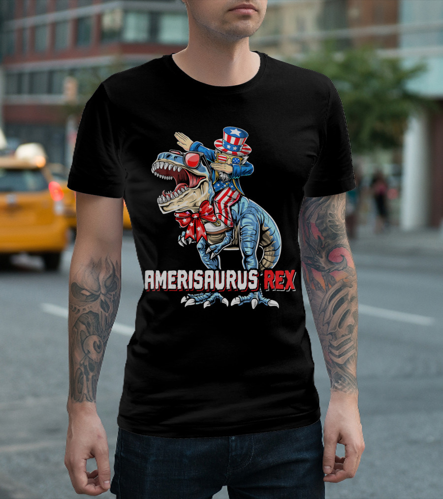 Amerisaurus Rex Dinosaur Dabbing Uncle Sam Patriotic Stars Stripes T-Shirt