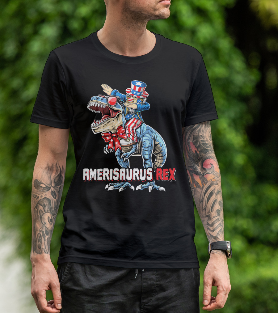 Amerisaurus Rex Dinosaur Dabbing Uncle Sam Patriotic Stars Stripes T-Shirt