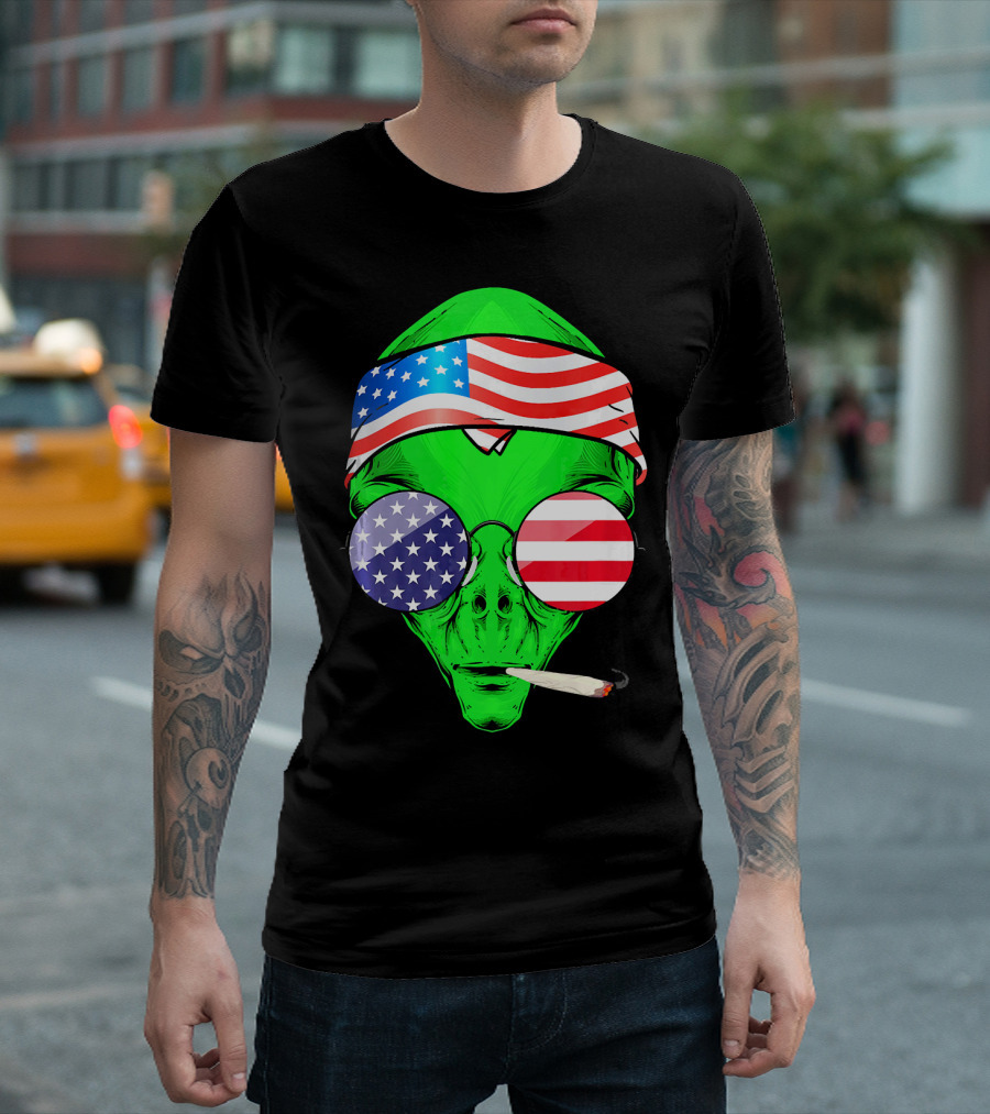 Hippie Alien with American Flag Bandana and Sunglasses 4th of July T-Shirt