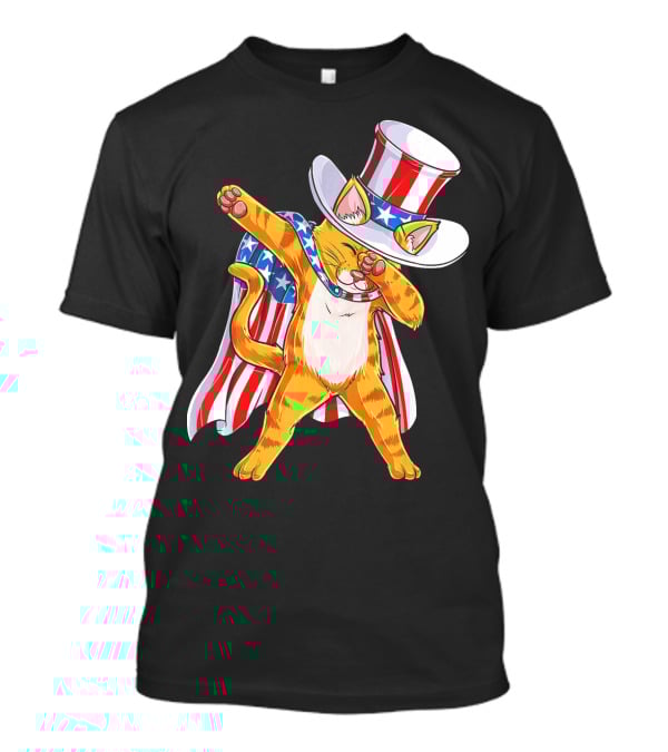 Meowica Cat Dabbing In Uncle Sam Hat And American Flag Cape T-Shirt