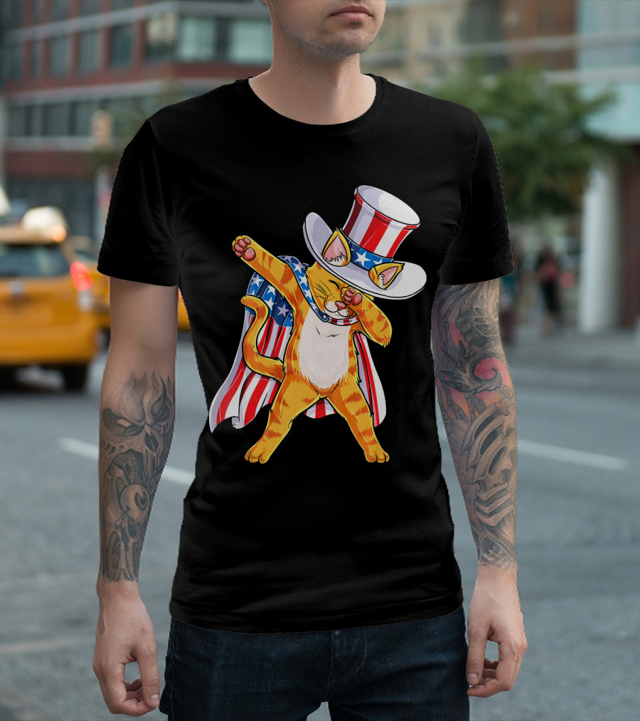 Meowica Cat Dabbing in Uncle Sam Hat and American Flag Cape T-Shirt