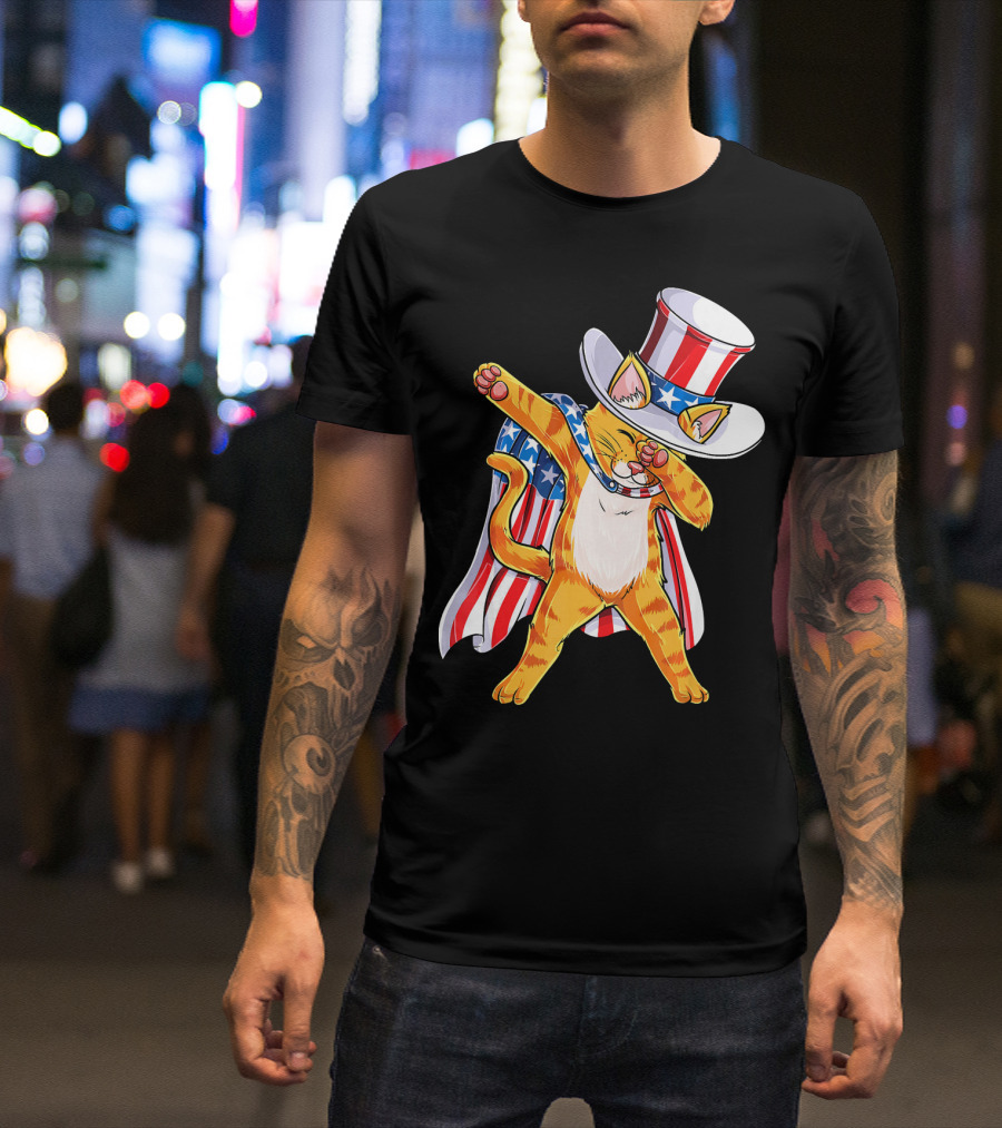 Meowica Cat Dabbing In Uncle Sam Hat And American Flag Cape T-Shirt
