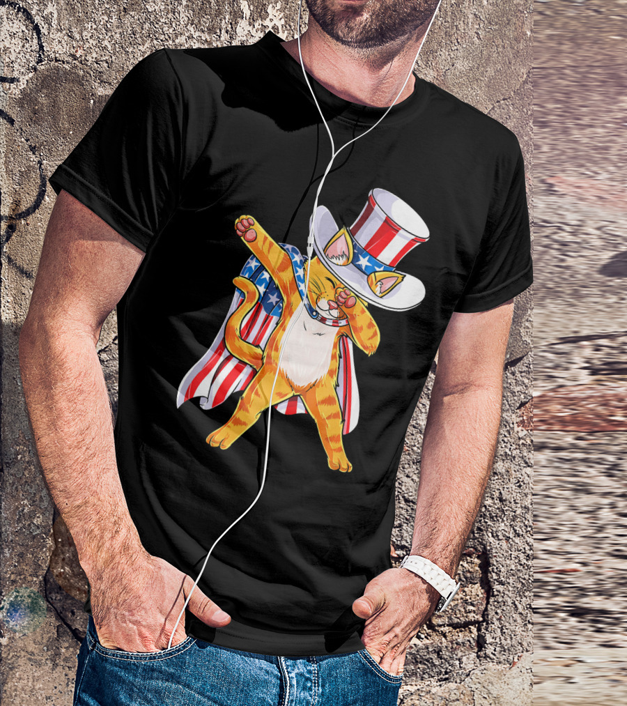 Meowica Cat Dabbing In Uncle Sam Hat And American Flag Cape T-Shirt