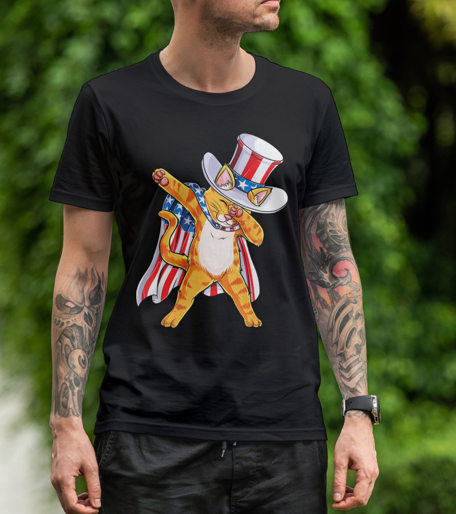 Meowica Cat Dabbing In Uncle Sam Hat And American Flag Cape T-Shirt