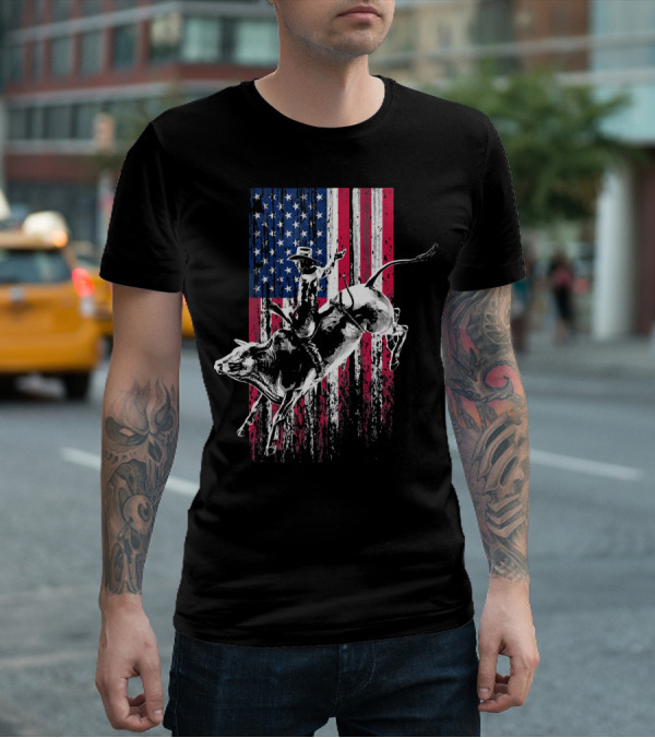 Patriotic American Flag Bull Rider Rodeo Scene T-Shirt