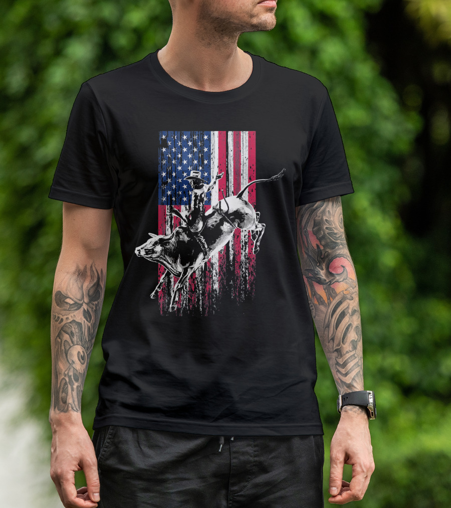 Patriotic American Flag Bull Rider Rodeo Scene T-Shirt