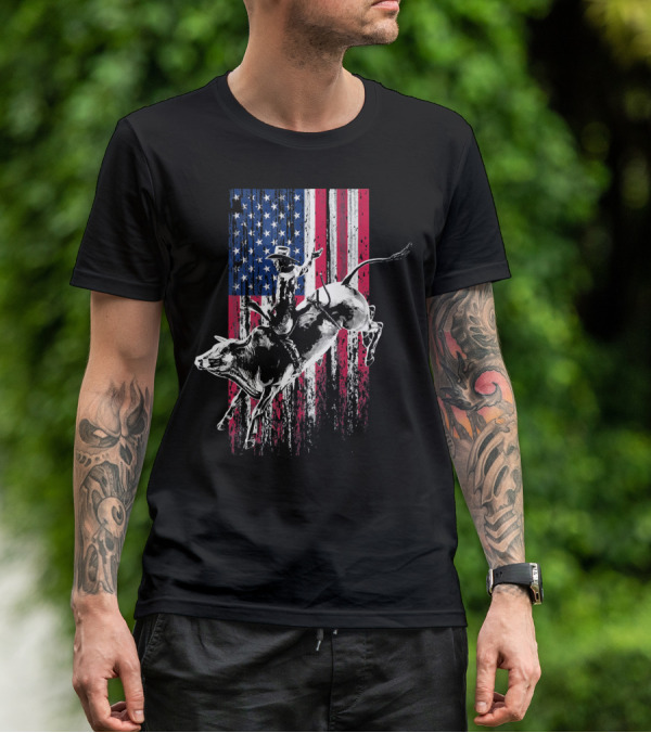 Patriotic American Flag Bull Rider Rodeo Scene T-Shirt