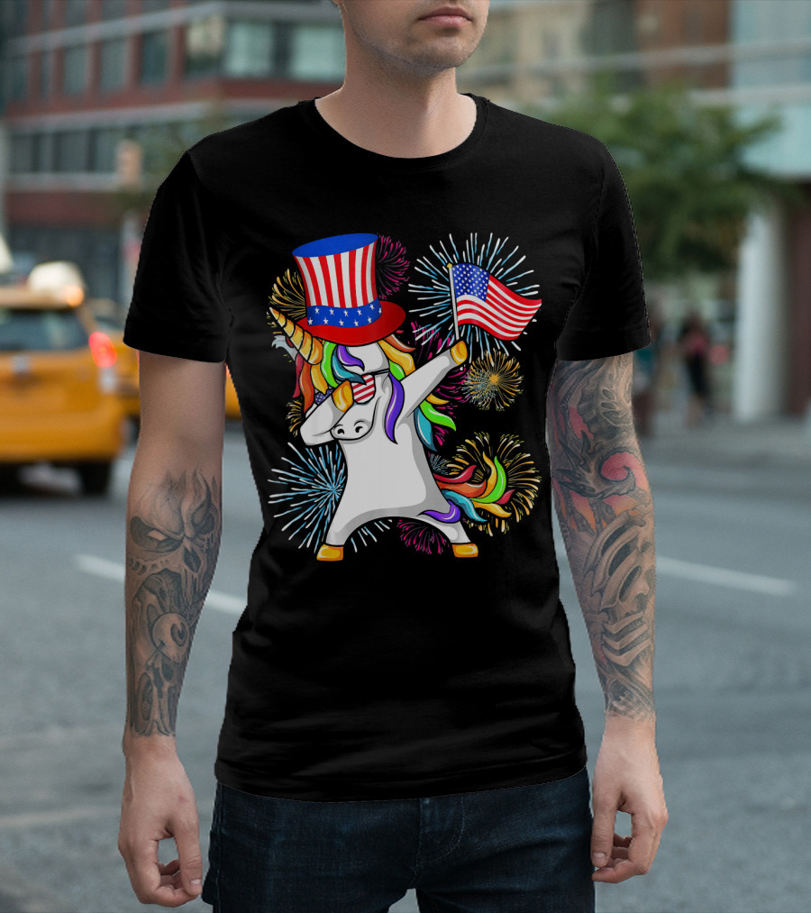 Dabbing Unicorn with American Flag and Patriotic Hat Fireworks 4th of July T-Shirt