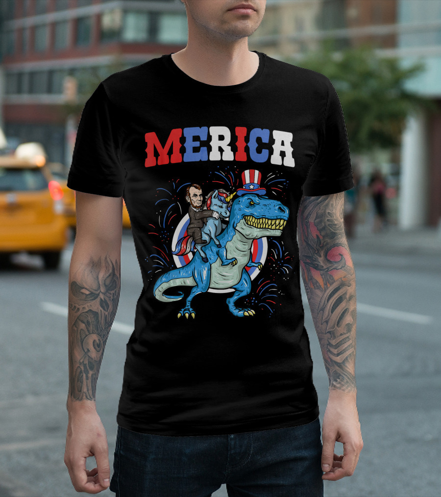 Merica Abe Lincoln Riding Unicorn on T-Rex with Patriotic Hat T-Shirt