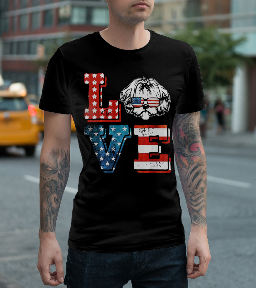 Love Shih Tzu Patriotic American Flag Sunglasses T-Shirt
