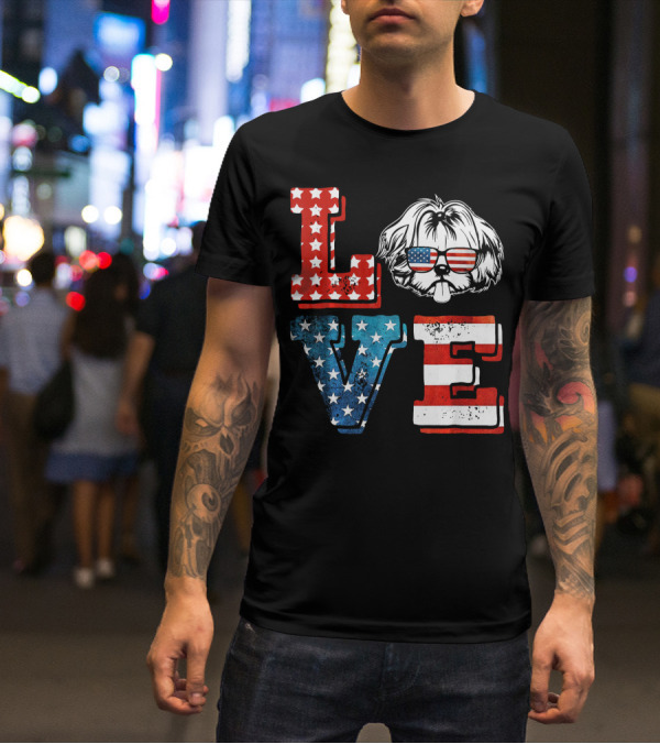 Love Shih Tzu Patriotic American Flag Sunglasses T-Shirt